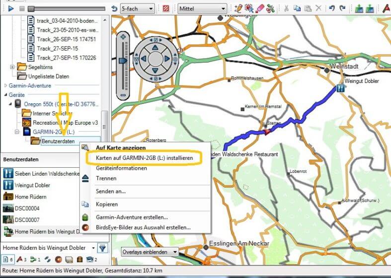 GPS Karten installieren -Darstellung Basecamp mit angeschlossenem Oregon 550t und eingebauter microSD-Karte