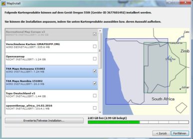 Beispiel: Installation von zwei Karten (Namibia und Botswana)Tracks4Africa