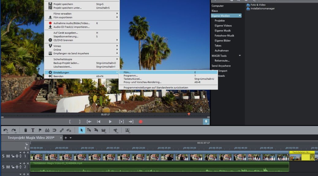 Menüpunkt Projekt- und Filmeinstellungen