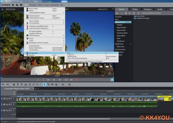 Magix Video -Menüpunkt Projekt- und Filmeinstellungen