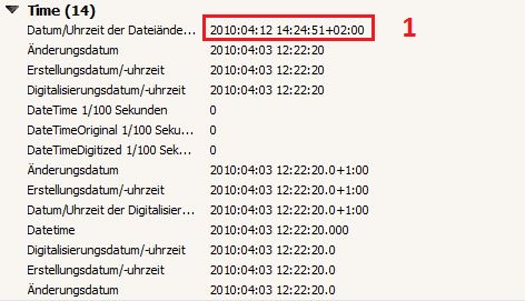 Zeitangaben eines Fotos in Geosetter nach der Übernahme von ACDS