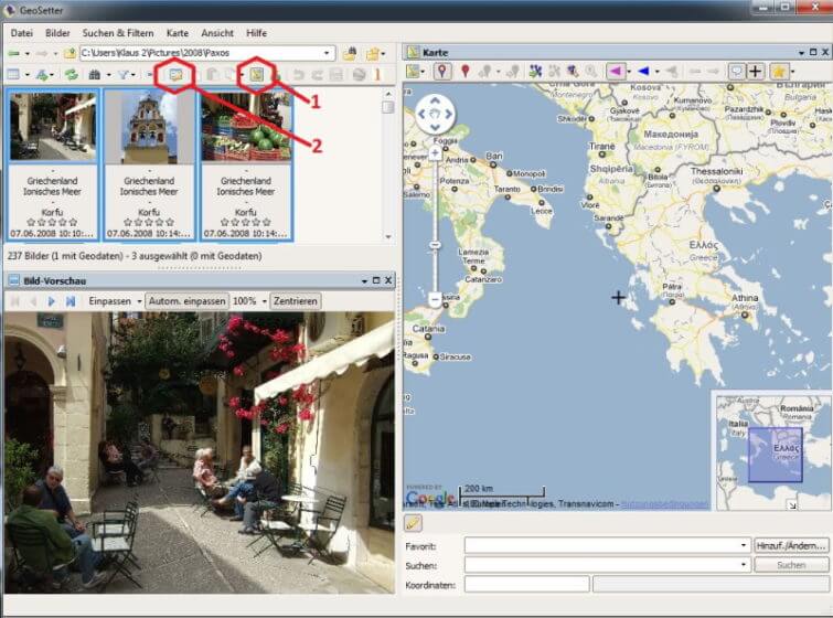 Geotagging mit GeoSetter -Stufe 1=Geosetting, Stufe 2=Ortsdaten
