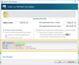 Volumen-Größe 32GB, 899,5GB nicht zugeordnet