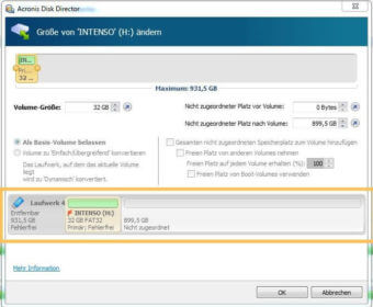 Volumen-Größe 32GB, 899,5GB nicht zugeordnet