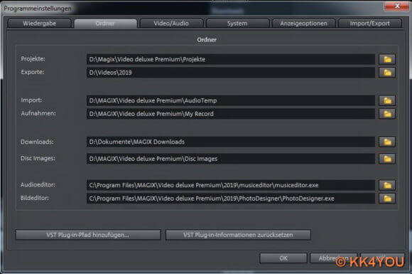 Magix Video deluxe Programmeinstellungen  -Ordner