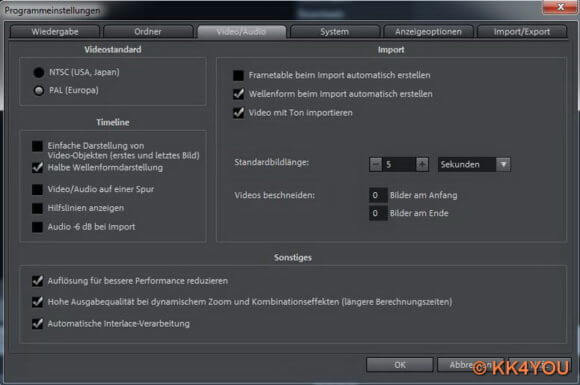 Magix Video deluxe Programmeinstellungen  -Video/Audio