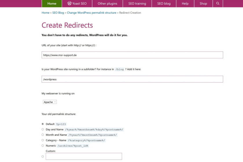 Yoast Create Redirects